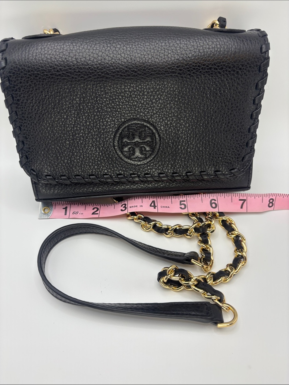 Tory Burch Black Pebbled Leather Whipstitch Chain Crossbody with Gold Hardware - Picture 13 of 14